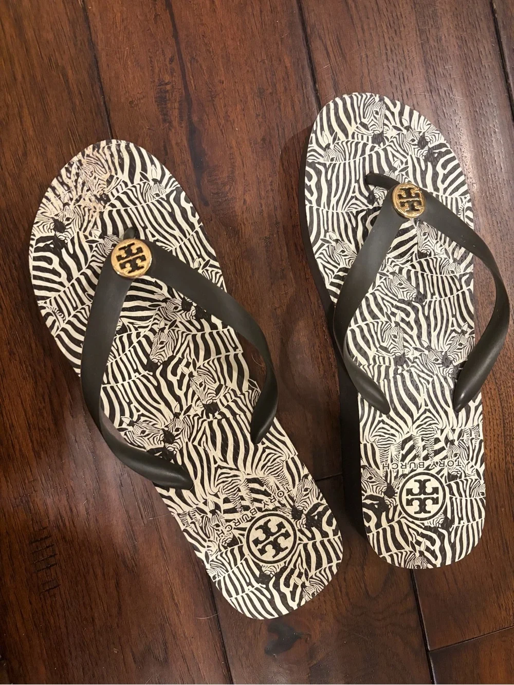 Tory Burch Black and White Zebra-Print Flip Flops with Gold Logo